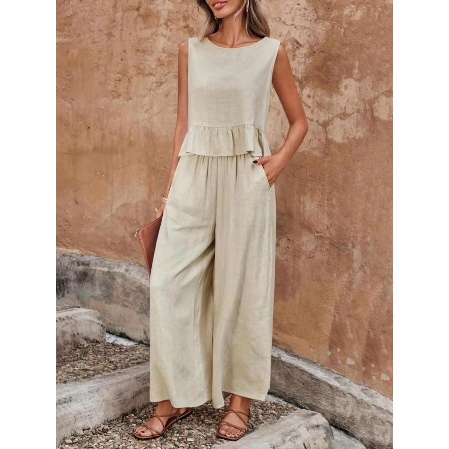 Sleeveless Ruffle Hem Top and Wide Leg Pants Two-Piece Set Beige / S Apparel and Accessories