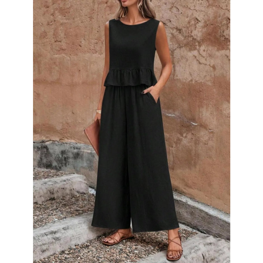 Sleeveless Ruffle Hem Top and Wide Leg Pants Two-Piece Set Black / S Apparel and Accessories