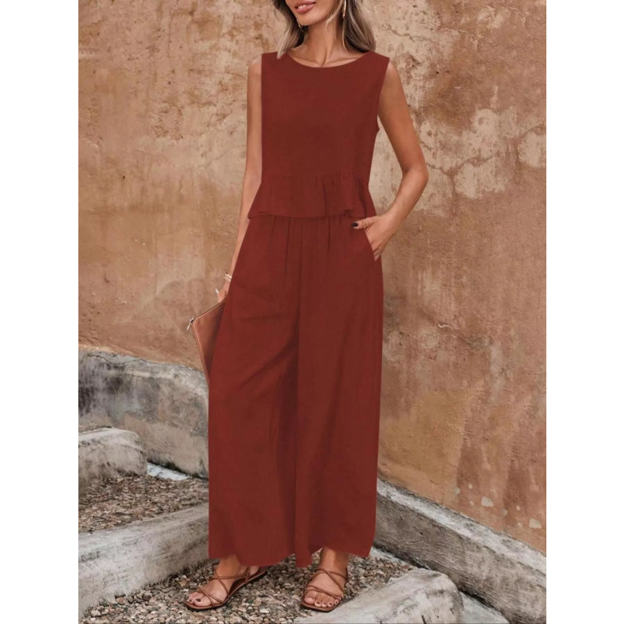 Sleeveless Ruffle Hem Top and Wide Leg Pants Two-Piece Set Burgundy / S Apparel and Accessories