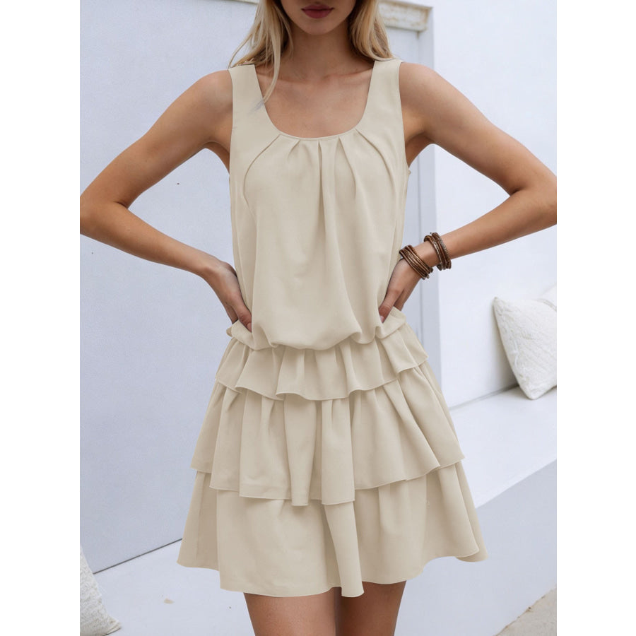 Sleeveless Ruffle Layered Mini Dress Khaki / S Apparel and Accessories