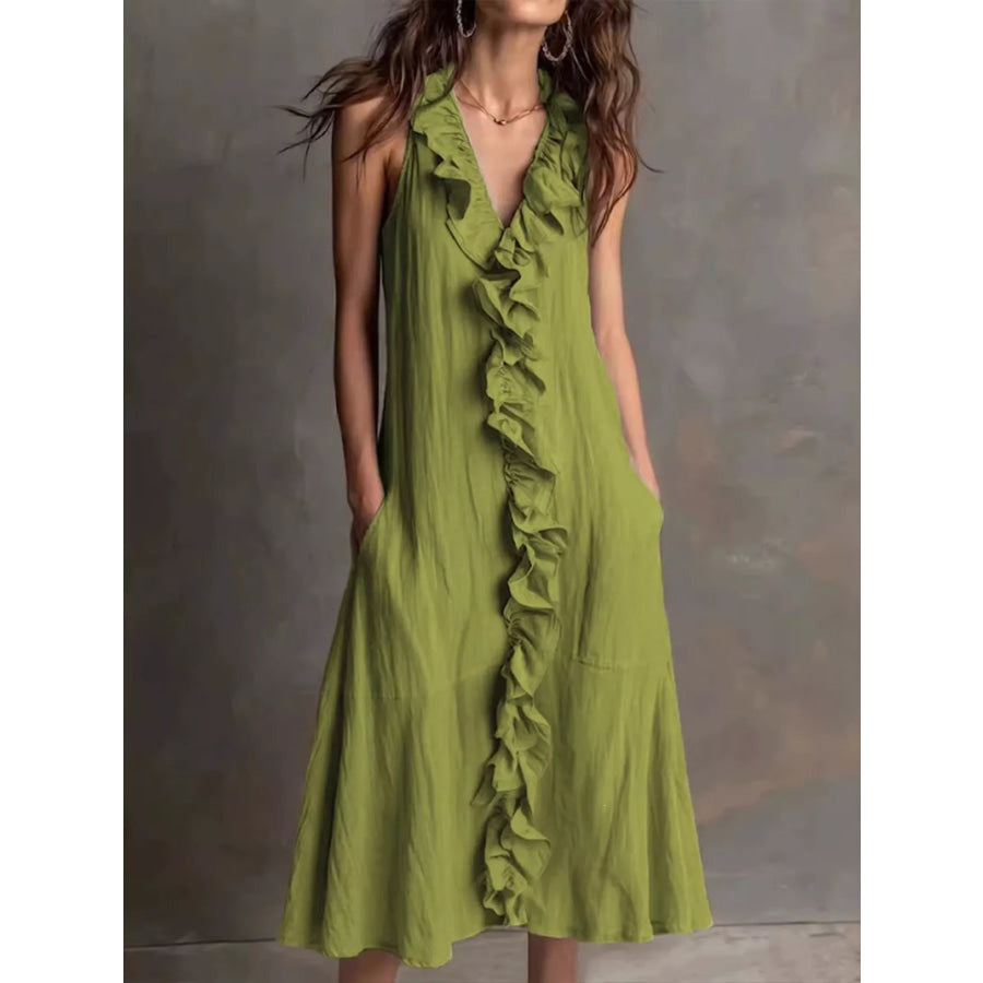 Sleeveless Ruffle Trim V-Neck Midi Dress Army Green / S