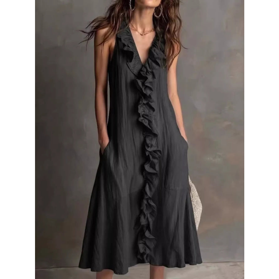 Sleeveless Ruffle Trim V-Neck Midi Dress Black / S