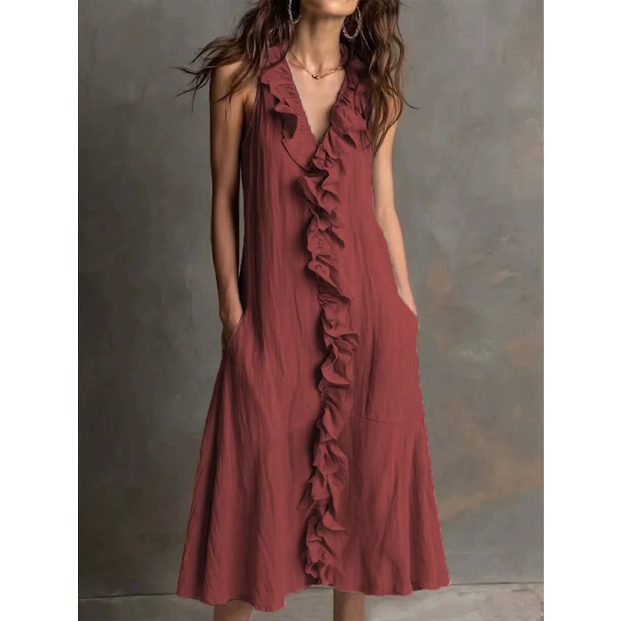 Sleeveless Ruffle Trim V-Neck Midi Dress Burgundy / S