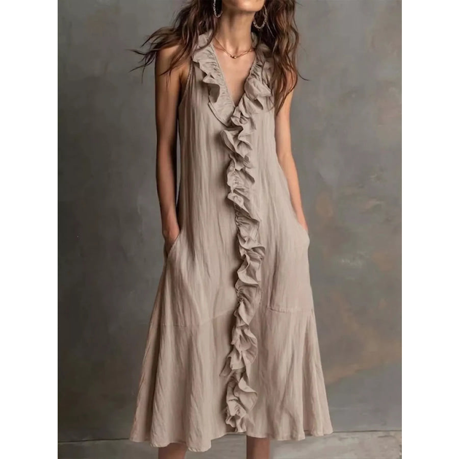 Sleeveless Ruffle Trim V-Neck Midi Dress Khaki / S