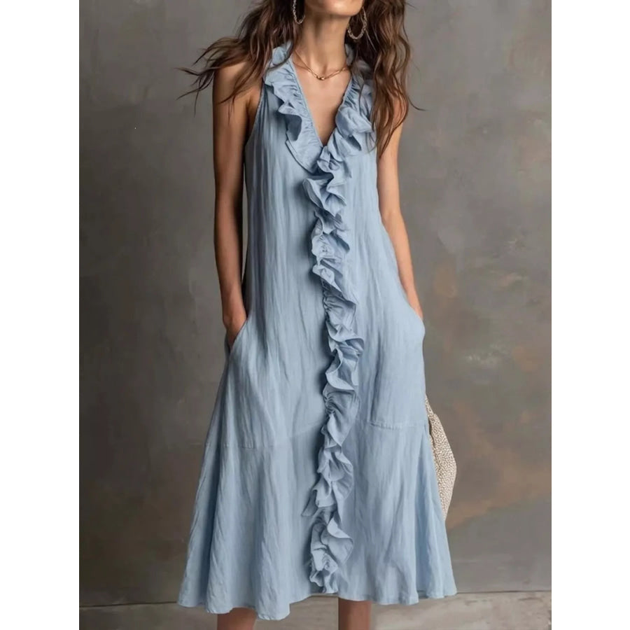 Sleeveless Ruffle Trim V-Neck Midi Dress Sky Blue / S