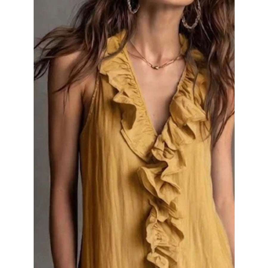 Sleeveless Ruffle Trim V-Neck Midi Dress