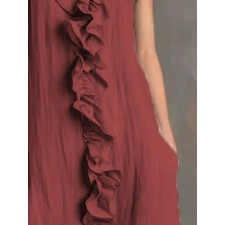 Sleeveless Ruffle Trim V-Neck Midi Dress