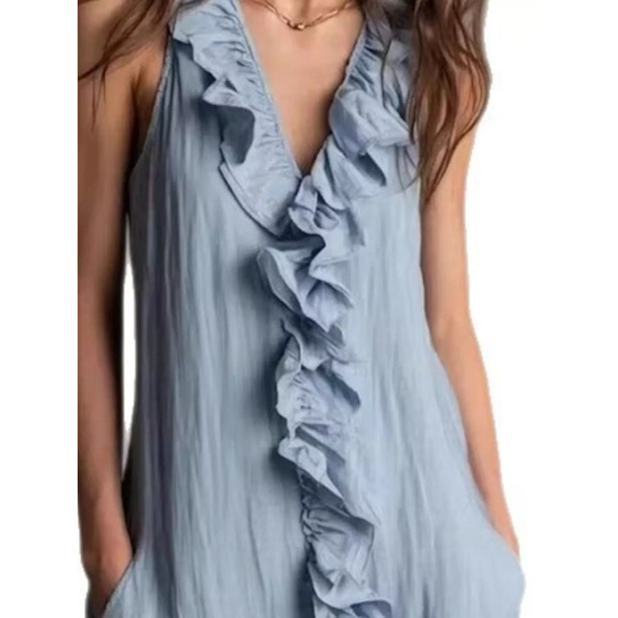 Sleeveless Ruffle Trim V-Neck Midi Dress