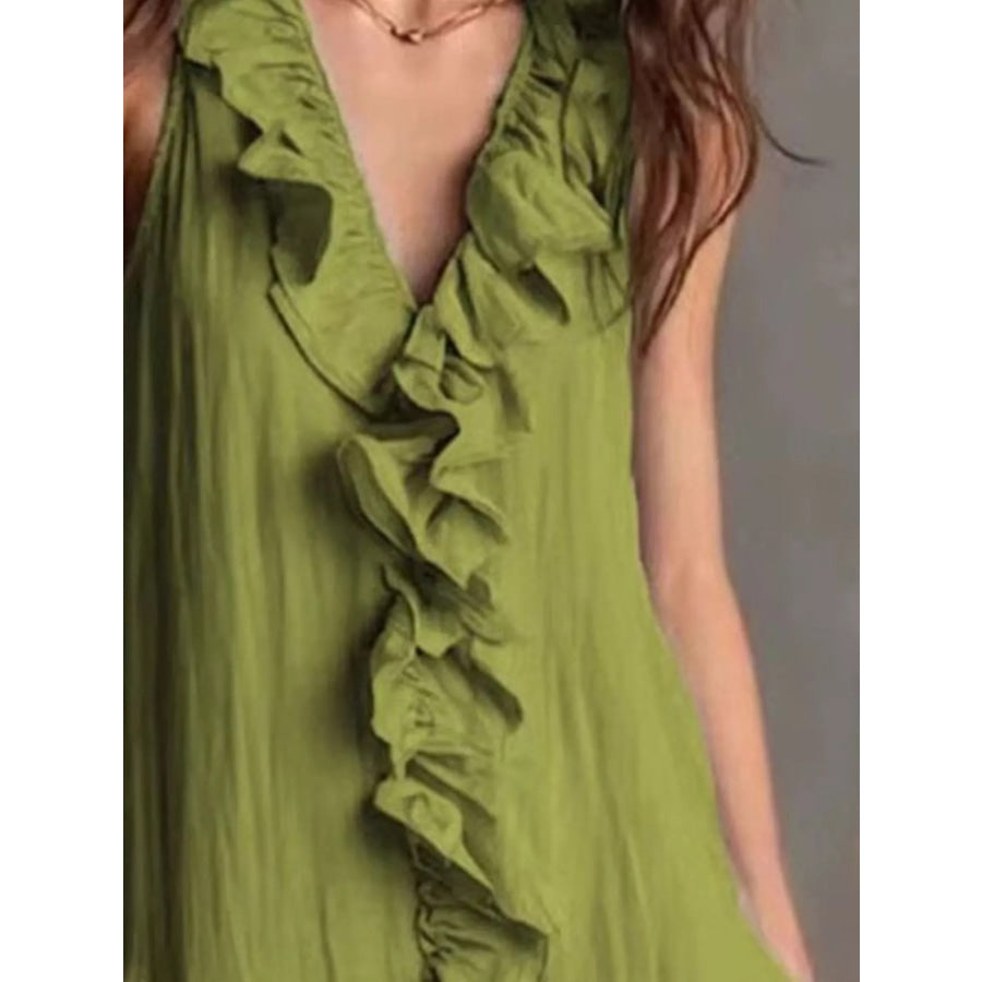 Sleeveless Ruffle Trim V-Neck Midi Dress