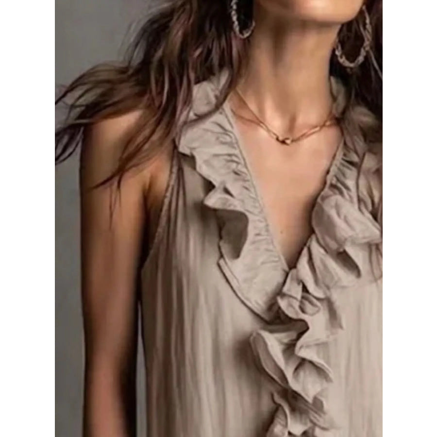 Sleeveless Ruffle Trim V-Neck Midi Dress