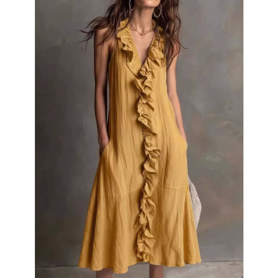 Sleeveless Ruffle Trim V-Neck Midi Dress Yellow / S