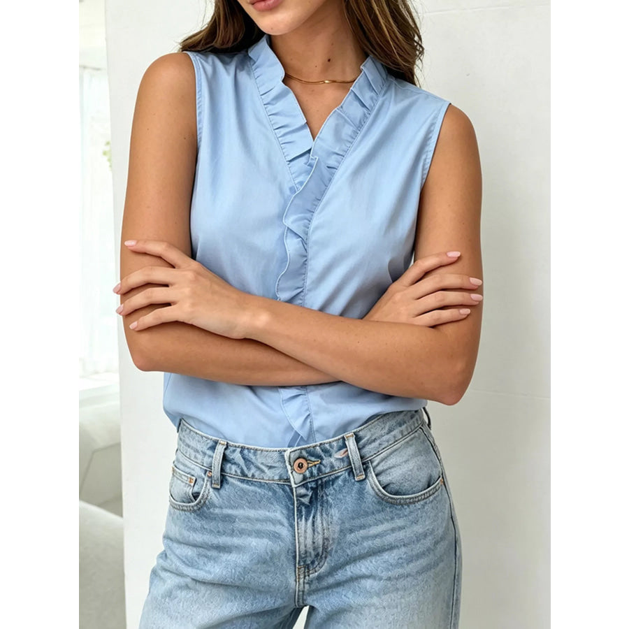 Sleeveless Ruffle V-Neck Blouse Apparel and Accessories