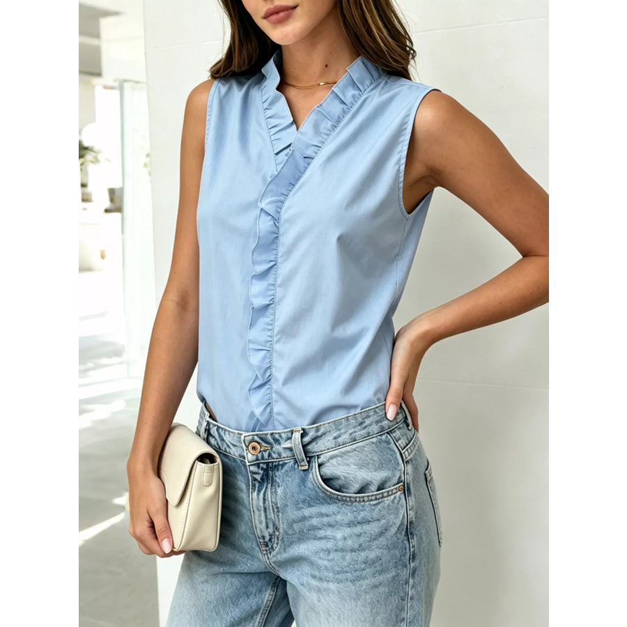 Sleeveless Ruffle V-Neck Blouse Light Blue / S Apparel and Accessories