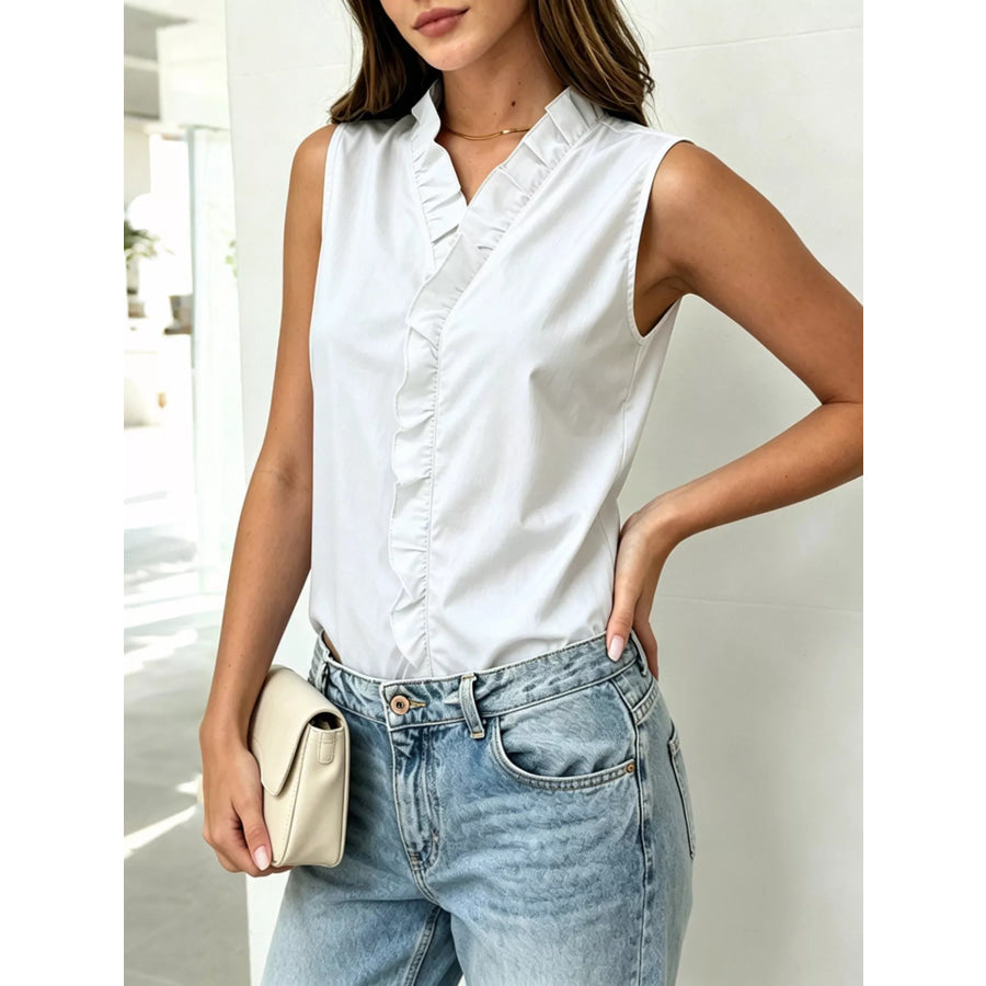 Sleeveless Ruffle V-Neck Blouse White / S Apparel and Accessories