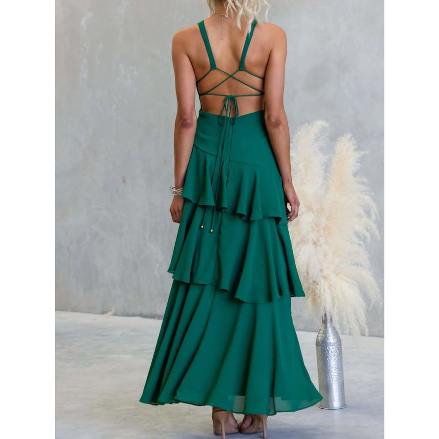 Sleeveless Ruffled Layered Backless Maxi Dress Apparel and Accessories