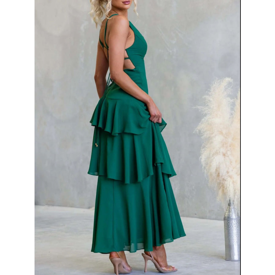 Sleeveless Ruffled Layered Backless Maxi Dress Apparel and Accessories