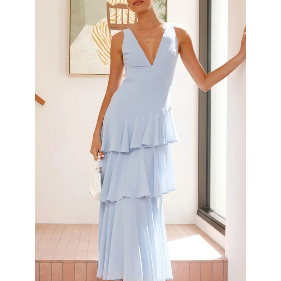 Sleeveless Ruffled Layered Backless Maxi Dress Apparel and Accessories
