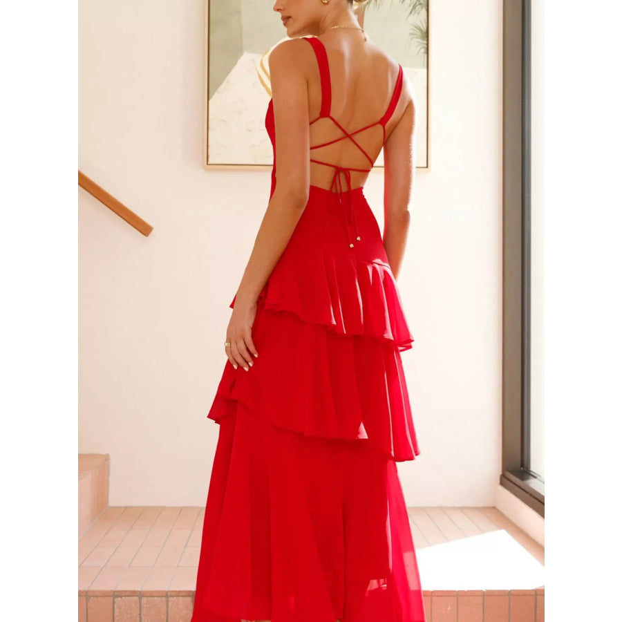 Sleeveless Ruffled Layered Backless Maxi Dress Apparel and Accessories