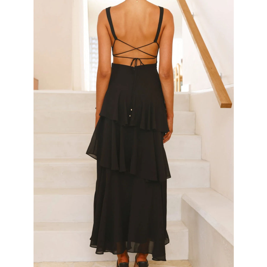Sleeveless Ruffled Layered Backless Maxi Dress Apparel and Accessories