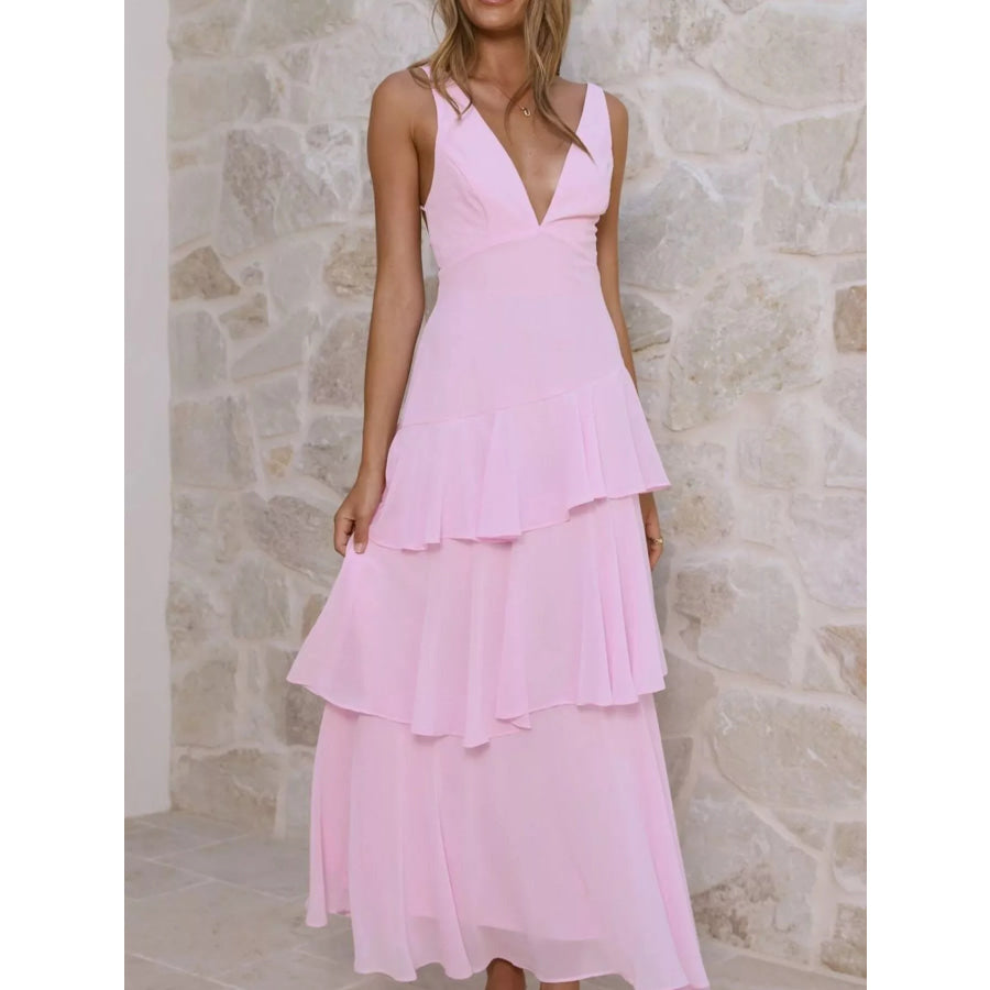 Sleeveless Ruffled Layered Backless Maxi Dress Apparel and Accessories
