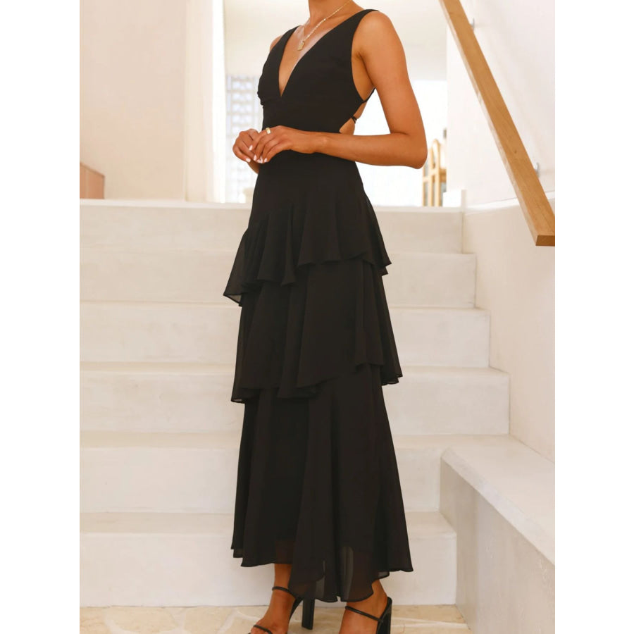Sleeveless Ruffled Layered Backless Maxi Dress Apparel and Accessories