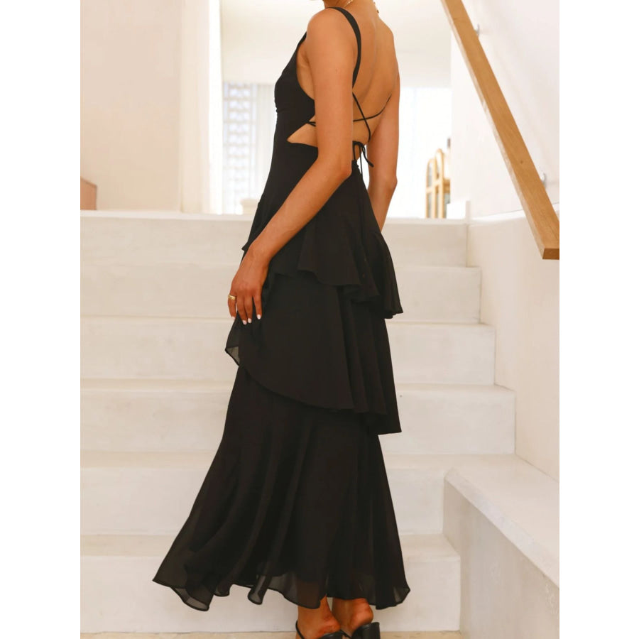 Sleeveless Ruffled Layered Backless Maxi Dress Apparel and Accessories