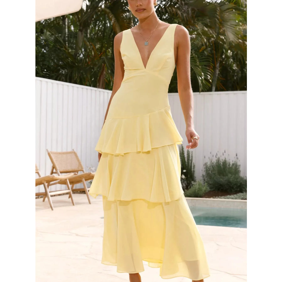 Sleeveless Ruffled Layered Backless Maxi Dress Yellow / S Apparel and Accessories