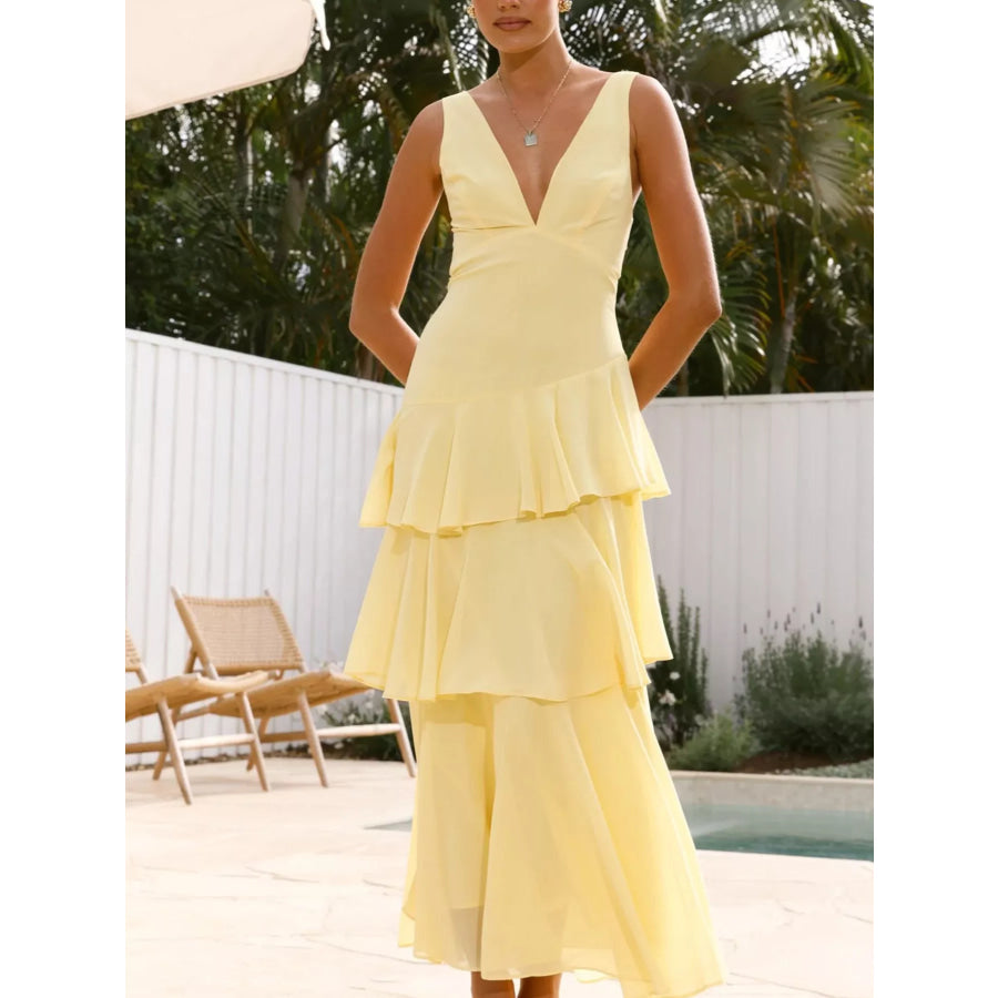 Sleeveless Ruffled Layered Backless Maxi Dress Apparel and Accessories