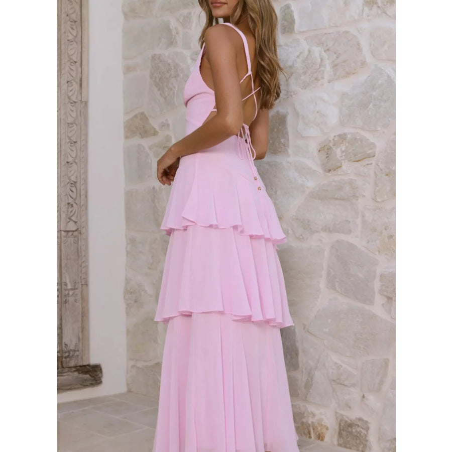 Sleeveless Ruffled Layered Backless Maxi Dress Apparel and Accessories