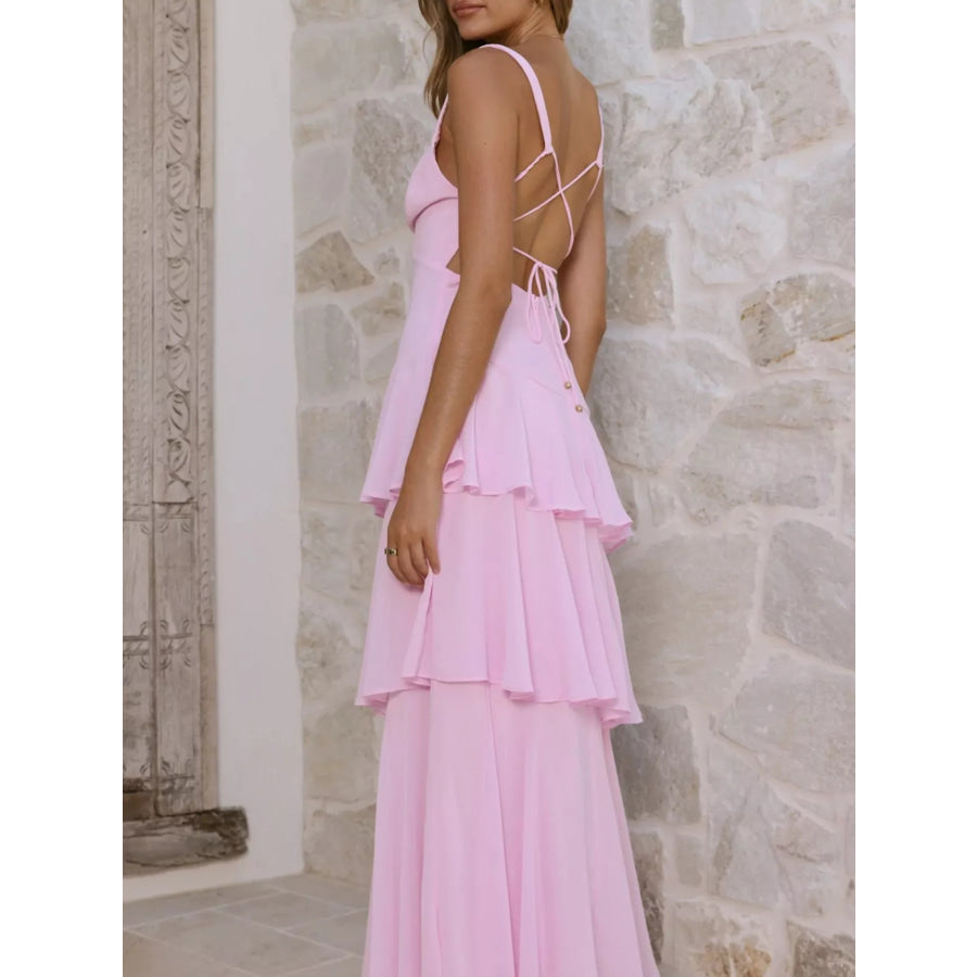 Sleeveless Ruffled Layered Backless Maxi Dress Apparel and Accessories