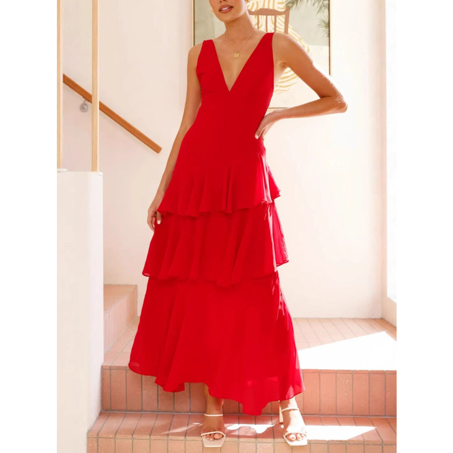 Sleeveless Ruffled Layered Backless Maxi Dress Apparel and Accessories