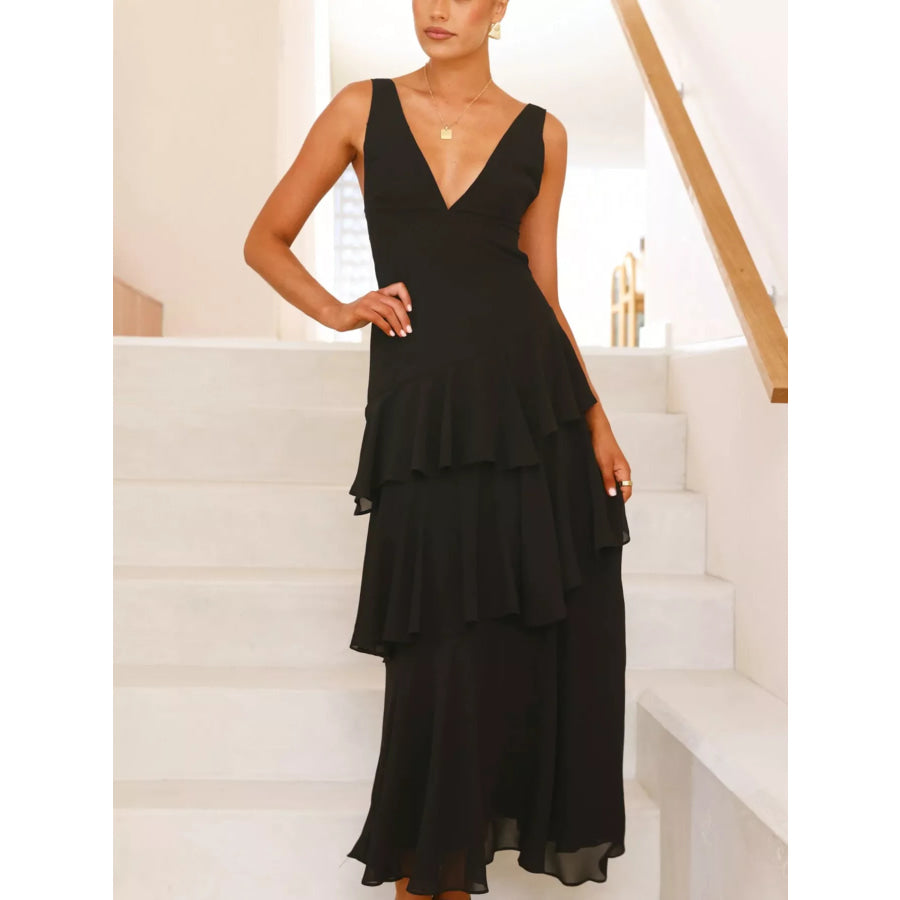 Sleeveless Ruffled Layered Backless Maxi Dress Apparel and Accessories
