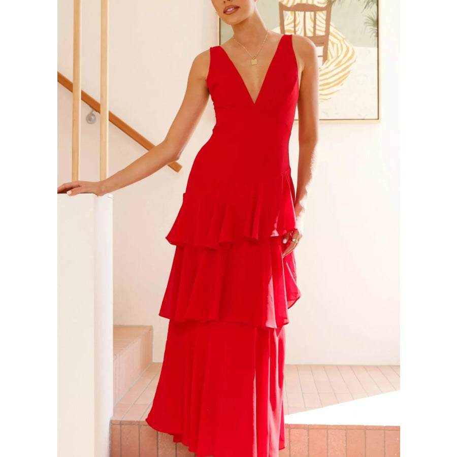 Sleeveless Ruffled Layered Backless Maxi Dress Apparel and Accessories