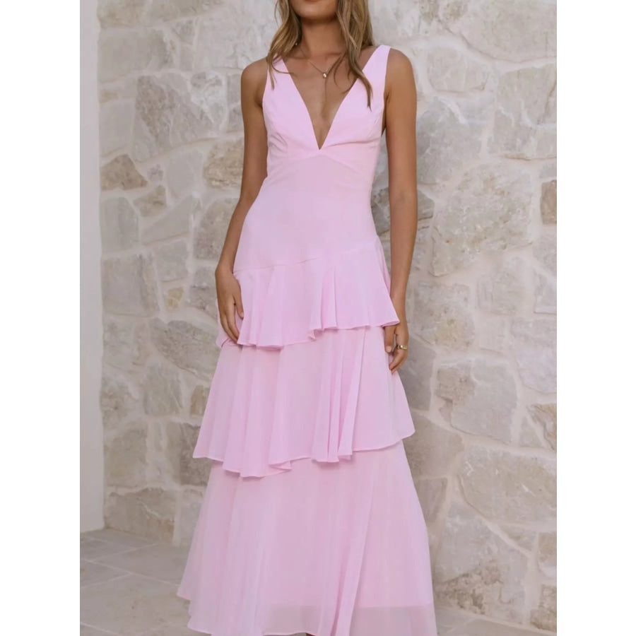 Sleeveless Ruffled Layered Backless Maxi Dress Apparel and Accessories