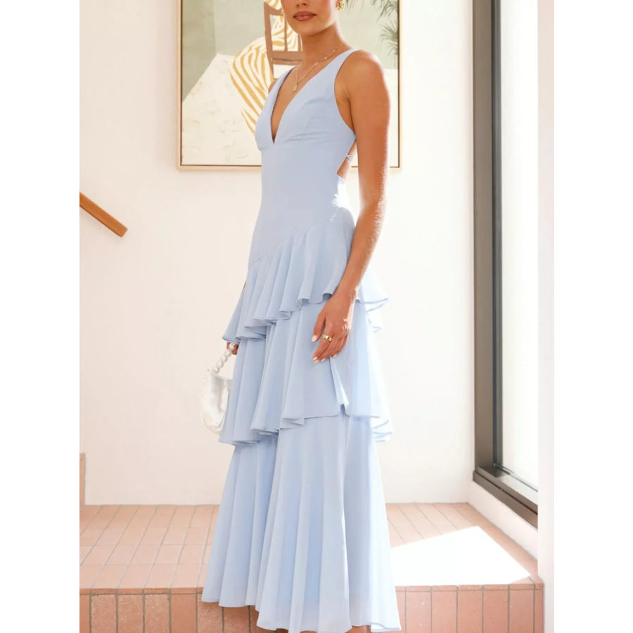 Sleeveless Ruffled Layered Backless Maxi Dress Apparel and Accessories