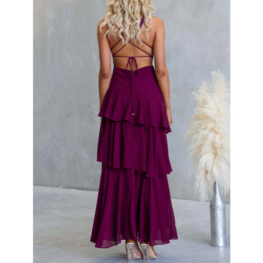 Sleeveless Ruffled Layered Backless Maxi Dress Apparel and Accessories