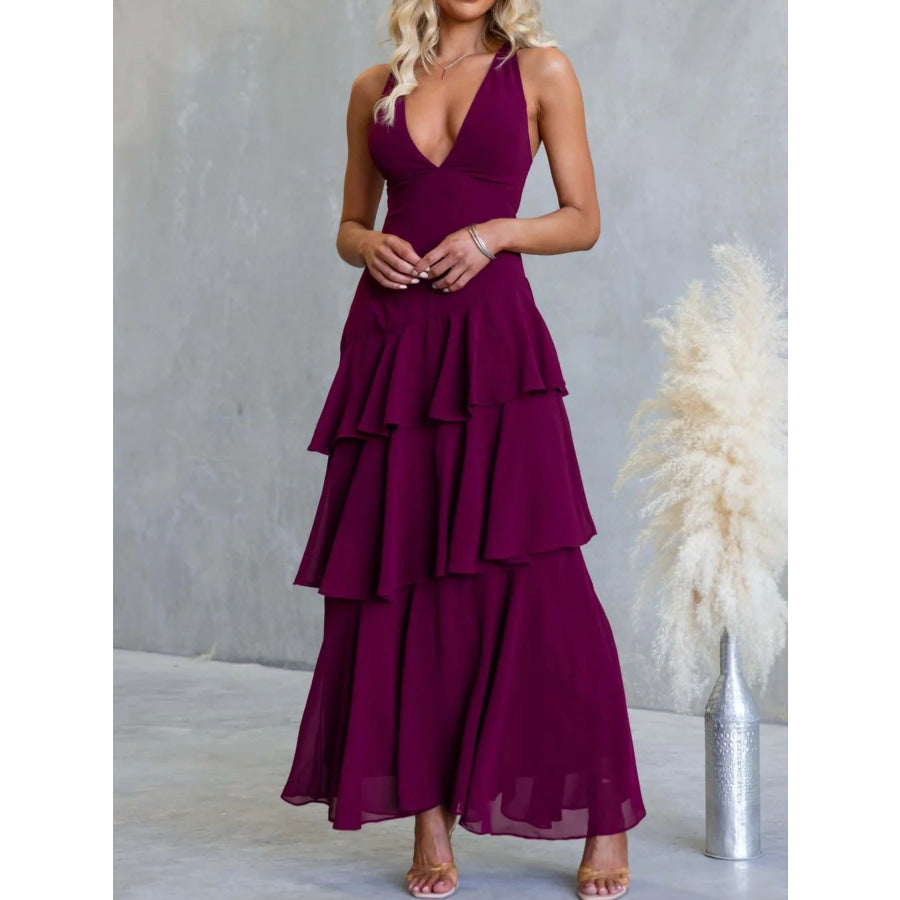 Sleeveless Ruffled Layered Backless Maxi Dress Apparel and Accessories