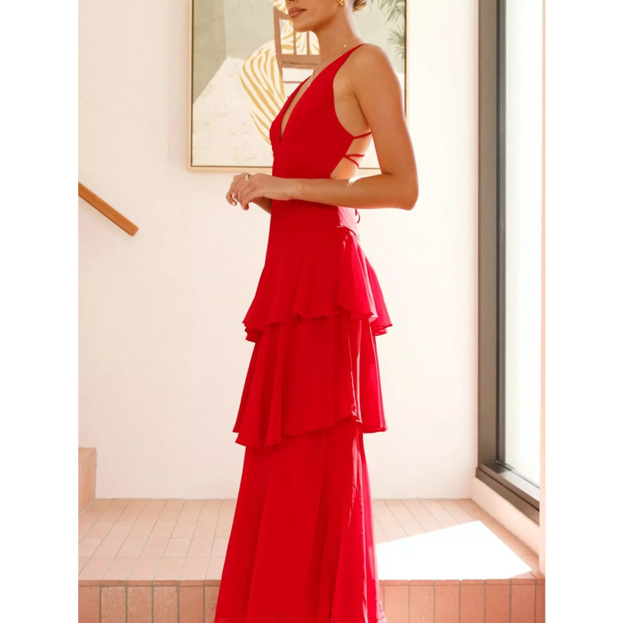 Sleeveless Ruffled Layered Backless Maxi Dress Apparel and Accessories