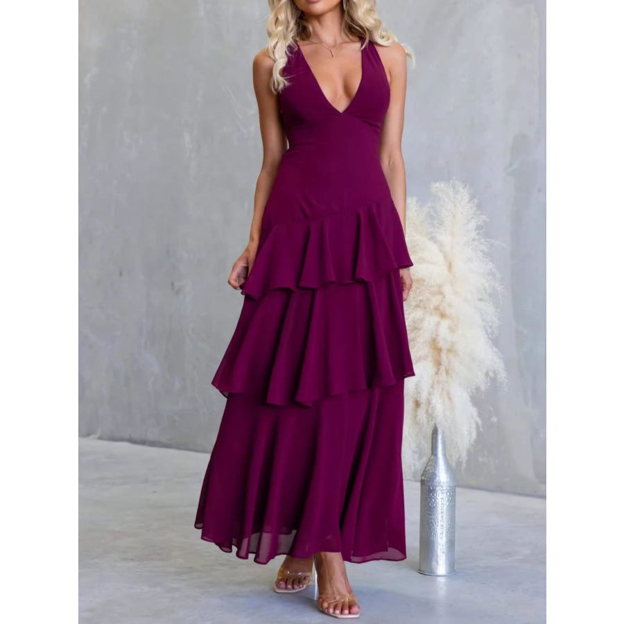 Sleeveless Ruffled Layered Backless Maxi Dress Apparel and Accessories