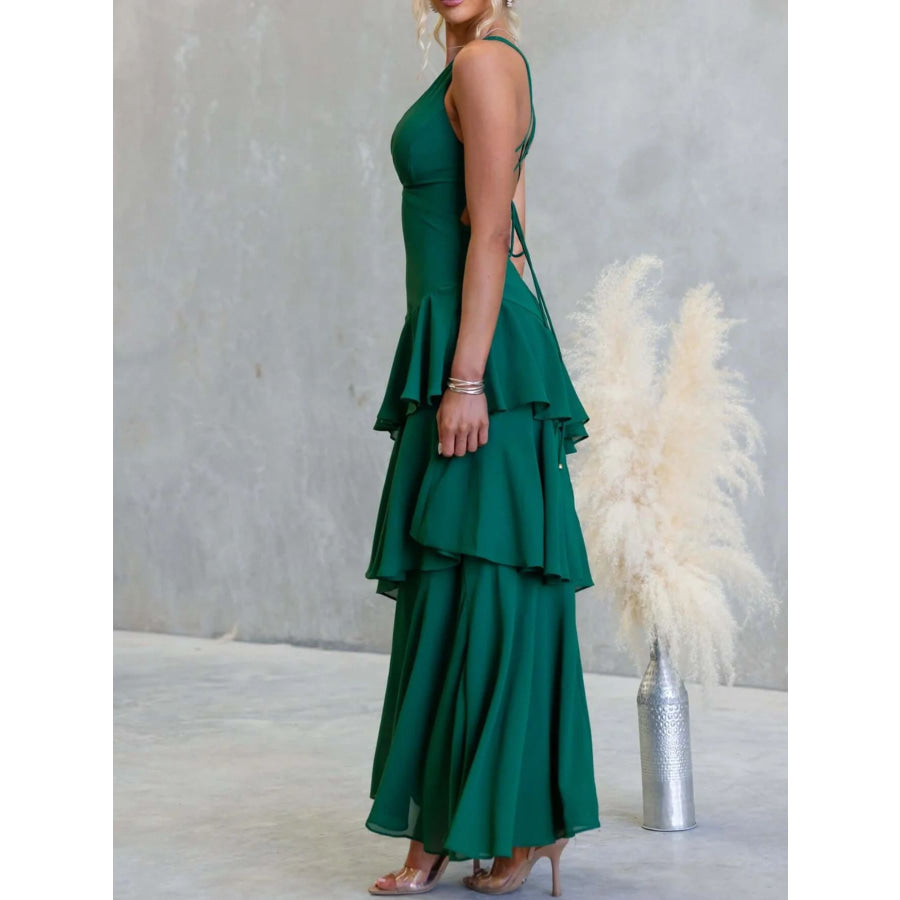 Sleeveless Ruffled Layered Backless Maxi Dress Apparel and Accessories