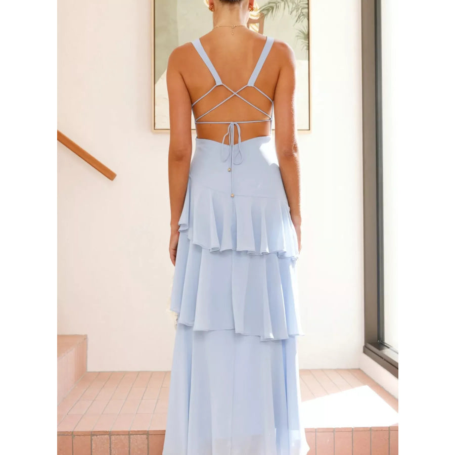 Sleeveless Ruffled Layered Backless Maxi Dress Apparel and Accessories