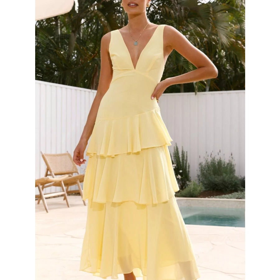 Sleeveless Ruffled Layered Backless Maxi Dress Apparel and Accessories