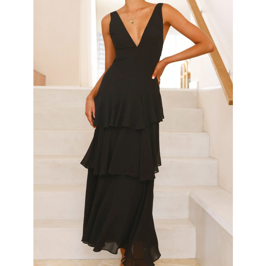 Sleeveless Ruffled Layered Backless Maxi Dress Black / S Apparel and Accessories