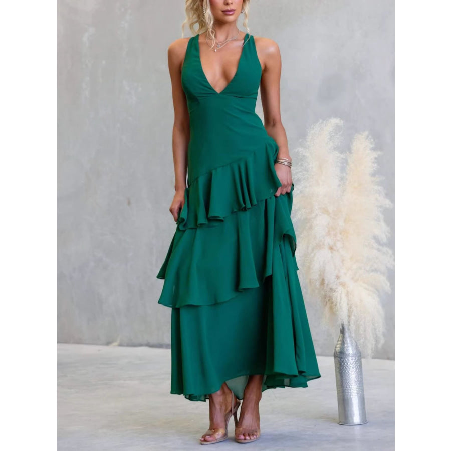 Sleeveless Ruffled Layered Backless Maxi Dress Green / S Apparel and Accessories