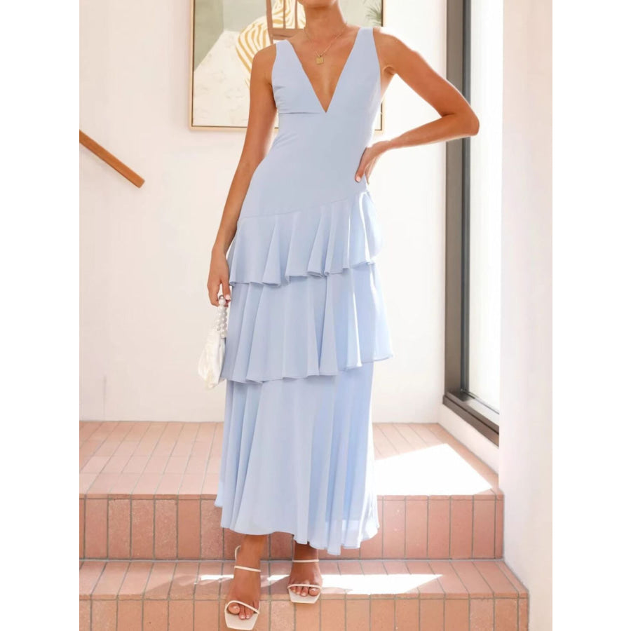 Sleeveless Ruffled Layered Backless Maxi Dress Light Blue / S Apparel and Accessories