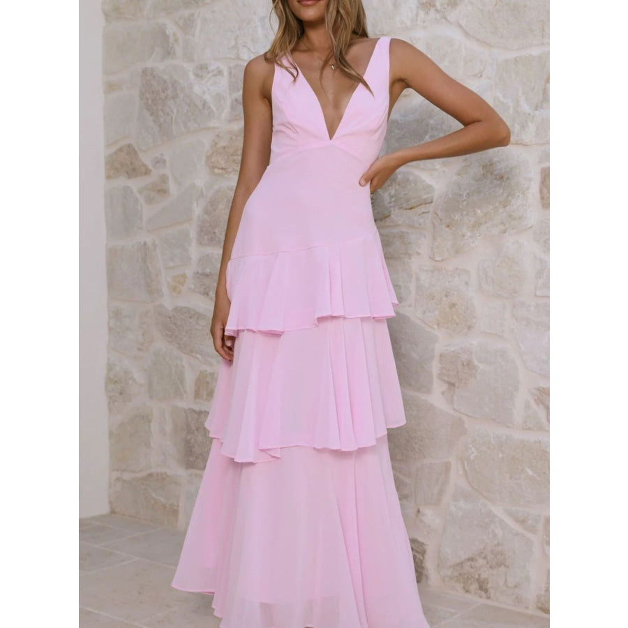 Sleeveless Ruffled Layered Backless Maxi Dress Pink / S Apparel and Accessories