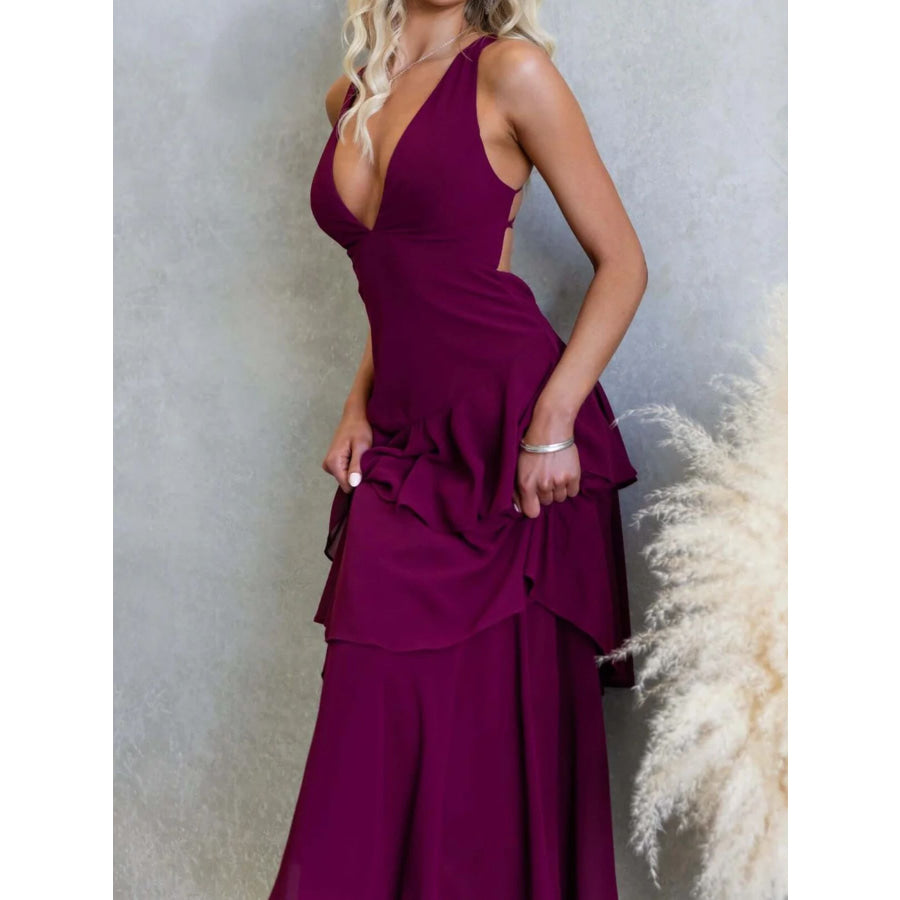 Sleeveless Ruffled Layered Backless Maxi Dress Purple / S Apparel and Accessories