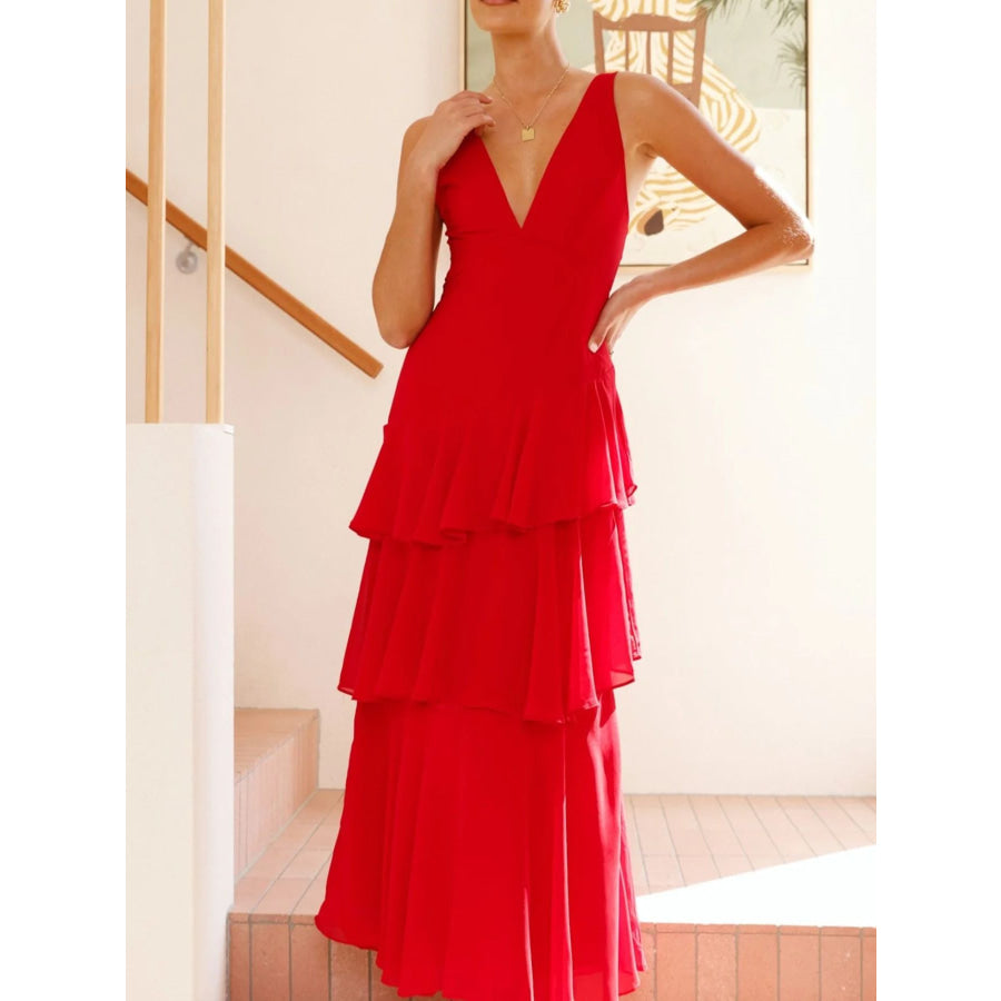 Sleeveless Ruffled Layered Backless Maxi Dress Red / S Apparel and Accessories