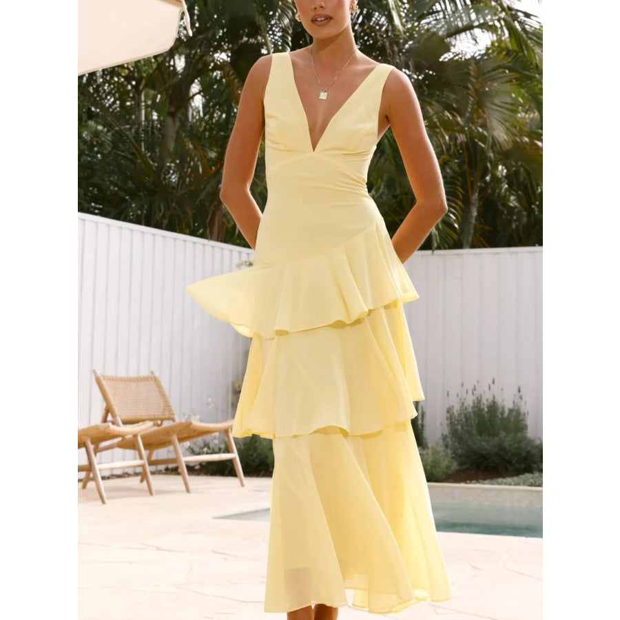 Sleeveless Ruffled Layered Backless Maxi Dress Yellow / S Apparel and Accessories