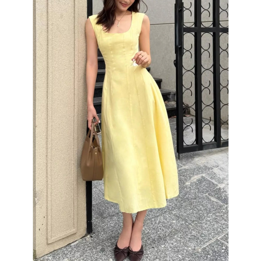 Sleeveless Scoop Neck A-Line Midi Dress Yellow / S Apparel and Accessories